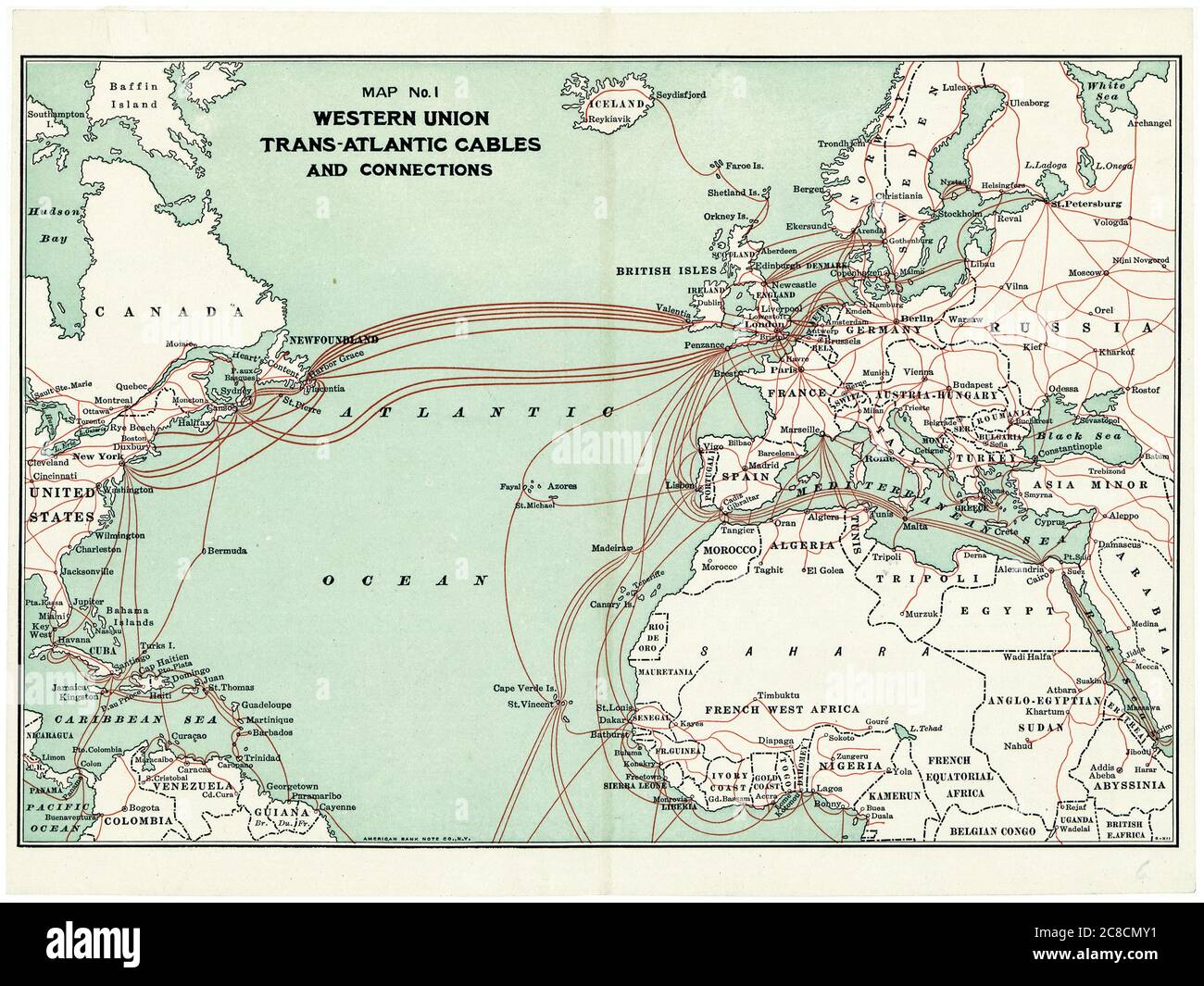Mapa de cables transatlánticos de Western Union que muestra las rutas de cables telegráficos submarinos, por Western Union Telegraph Company, 1900 Foto de stock