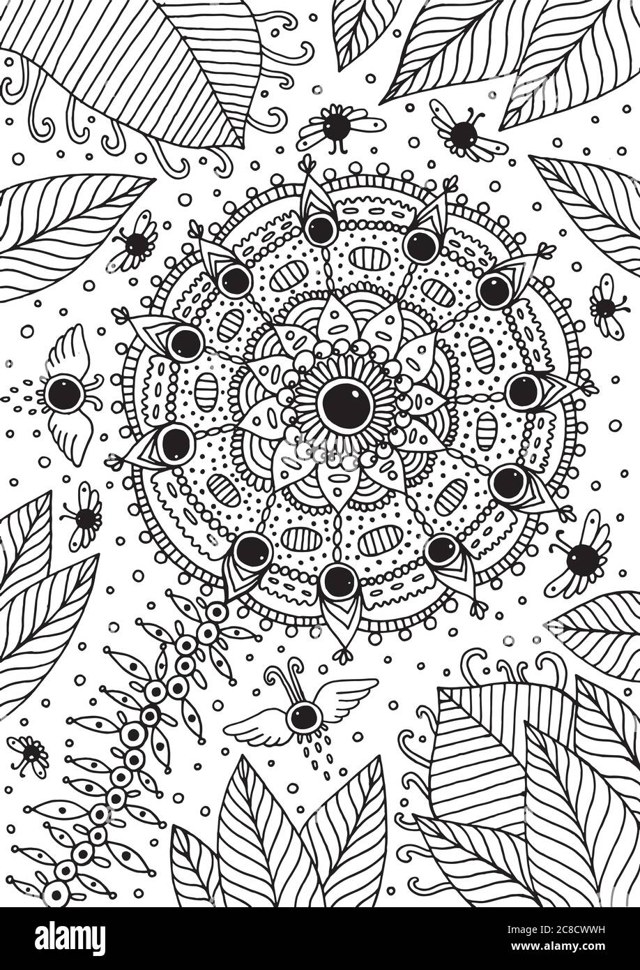 Mandala flor con fantásticas criaturas y paisaje de verano. FA Ilustración del Vector