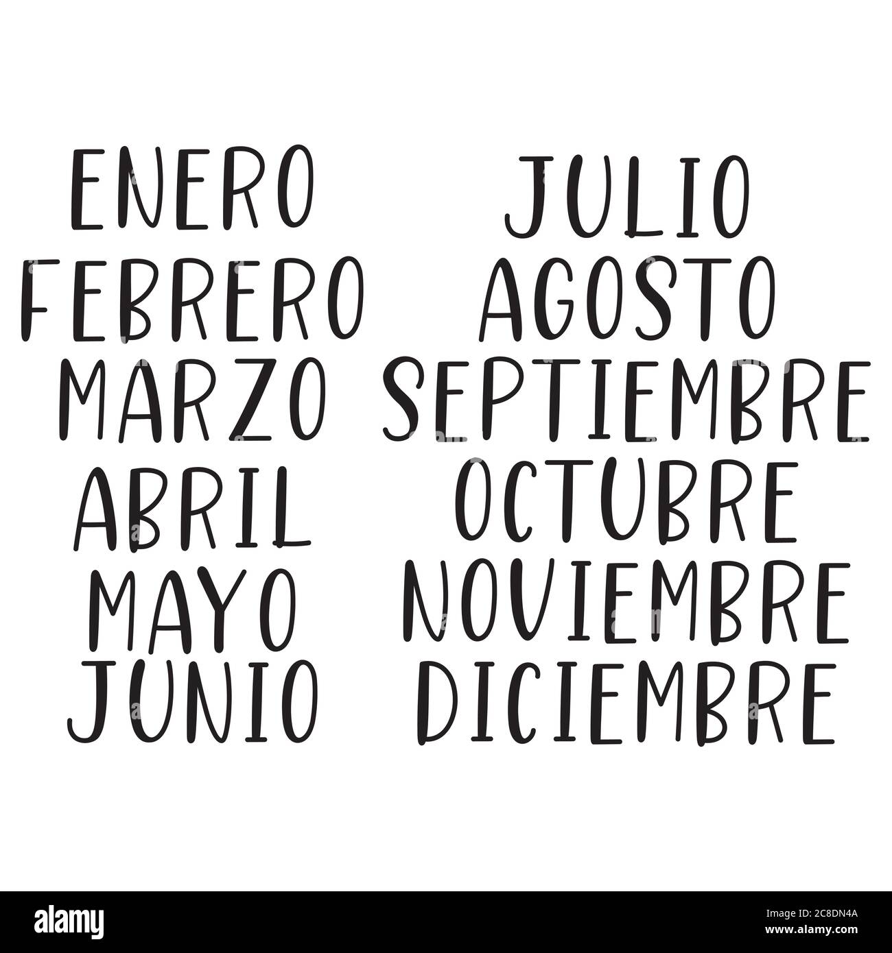 Meses del año con letras a mano en español. Letras para Calendario,  Organizador, Planificador Imagen Vector de stock - Alamy