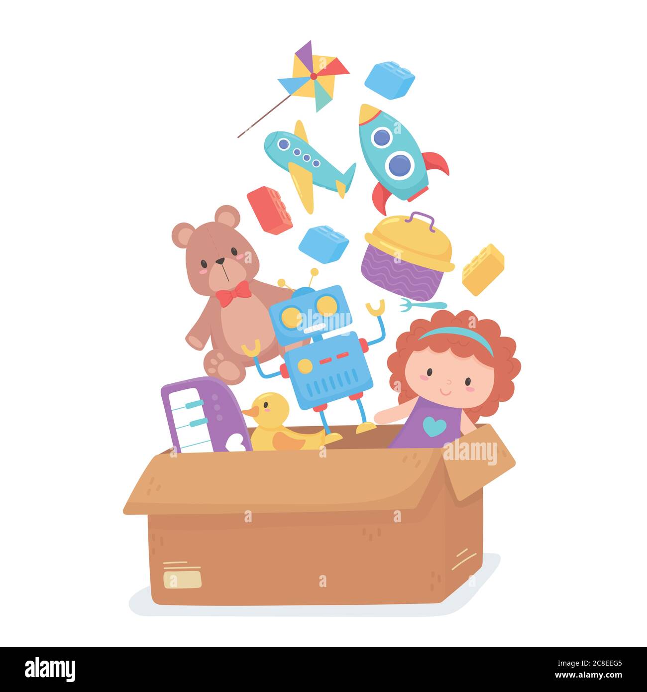 caja de cartón lleno juguetes objeto para niños pequeños para jugar dibujos  animados vector ilustración Imagen Vector de stock - Alamy