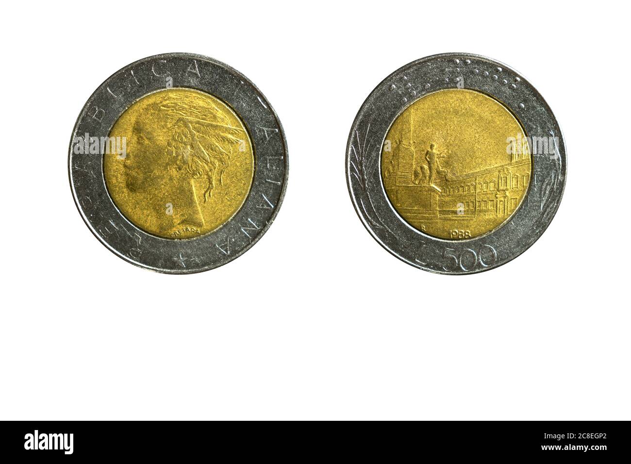Conjugado cerca preparar Moneda italiana 500 lira año 1988,anverso y reverso sobre fondo  blanco,macro primer plano Fotografía de stock - Alamy