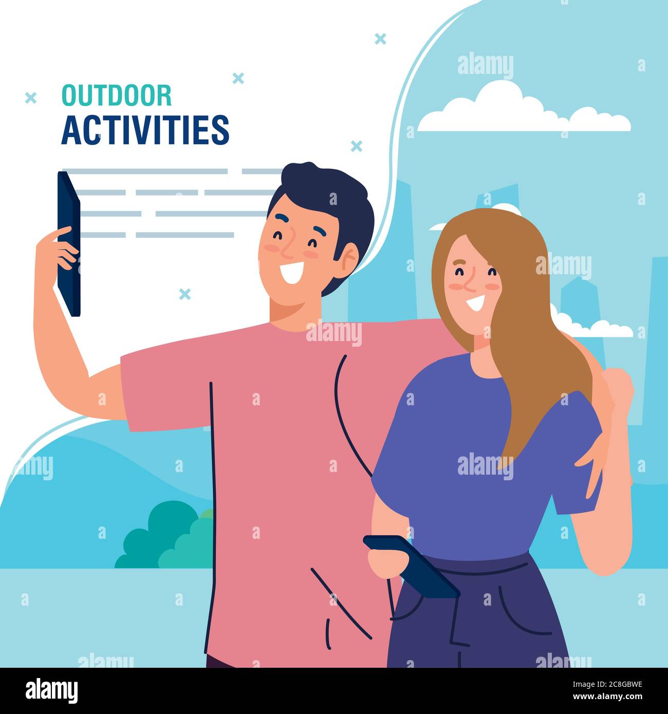 banner, pareja realizando actividades de ocio al aire libre, feliz pareja se toman selfie Imagen Vector de stock - Alamy banner, pareja realizando actividades de ocio al aire libre, feliz pareja se toman selfie Imagen Vector de stock - Alamy