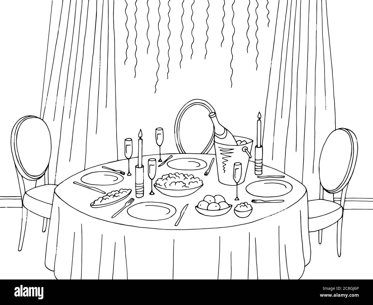 Navidad y año nuevo mesa comedor gráfico blanco blanco blanco dibujo casa  interior ilustración vector Imagen Vector de stock - Alamy