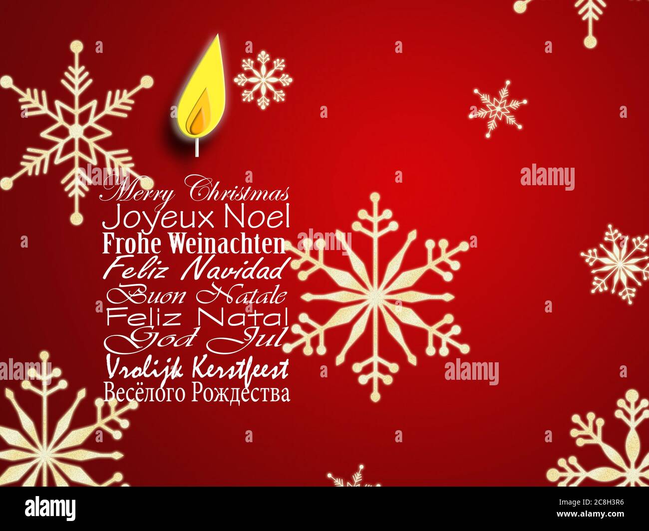 Tarjeta de visita de Feliz Navidad. Deseos de Navidad en idiomas europeos Inglés, francés, alemán, portugués, italiano, español, sueco, holandés, ruso forma de vela sobre fondo rojo. Ilustración 3D Fotografía de stock - Tarjeta de visita de Feliz Navidad. Deseos de Navidad en idiomas europeos Inglés, francés, alemán, portugués, italiano, español, sueco, holandés, ruso forma de vela sobre fondo rojo. Ilustración 3D Fotografía de stock -