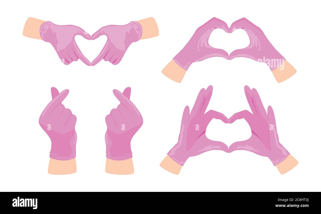 Vector dibujo a mano de diferentes formas del corazón signos de manos  usando guantes de látex médico rosa Imagen Vector de stock - Alamy