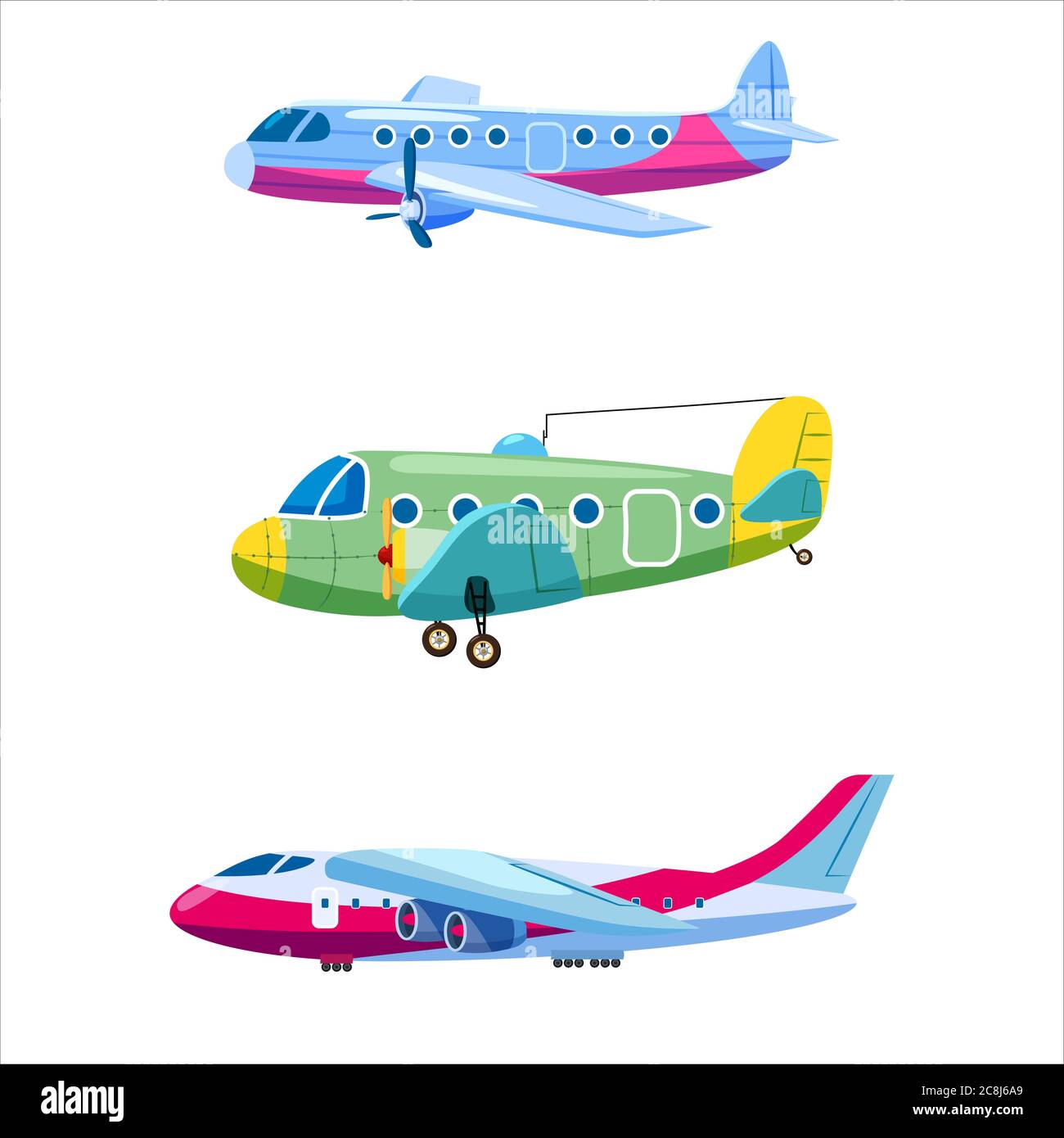 Conjunto de aviones de diferentes colores. Retro, personal, carga,  velocidad, monoplano. Vector aislado estilo de dibujos animados Imagen  Vector de stock - Alamy