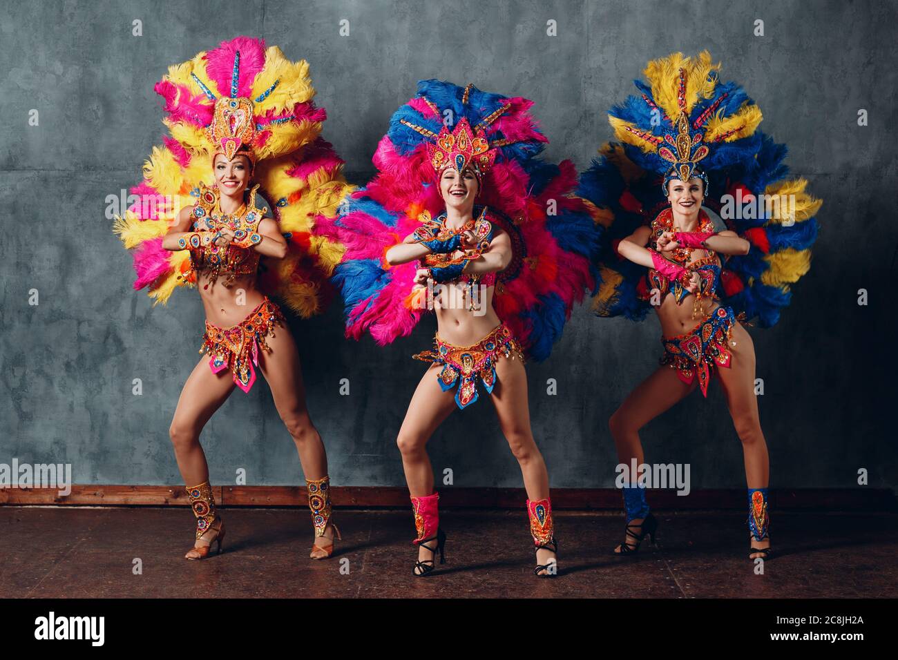 Tres mujeres bailando en traje de carnaval brasileño de samba con colorido  plumaje de plumas Fotografía de stock - Alamy