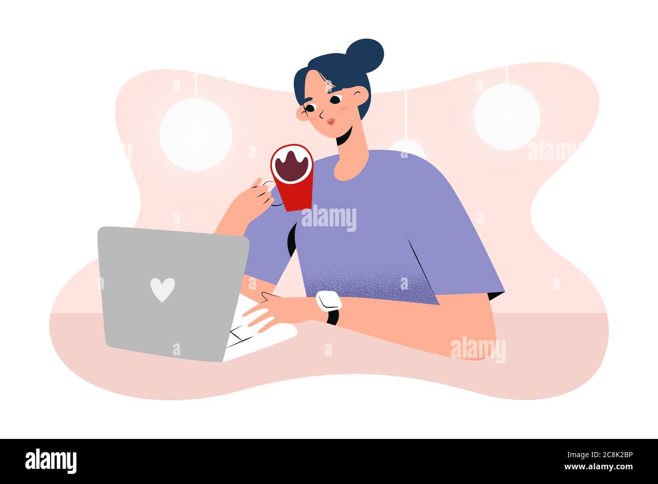 Mujer joven trabajando en un café o cafetería bebiendo café sentado en la  mesa y usando su portátil, concepto de trabajo independiente, dibujo  animado vectorial Imagen Vector de stock - Alamy