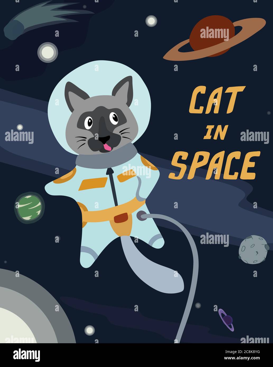 Divertido astronauta gato en el espacio. Cartas de dibujos animados vectoriales. Ilustración vectorial editable. Ilustración del Vector