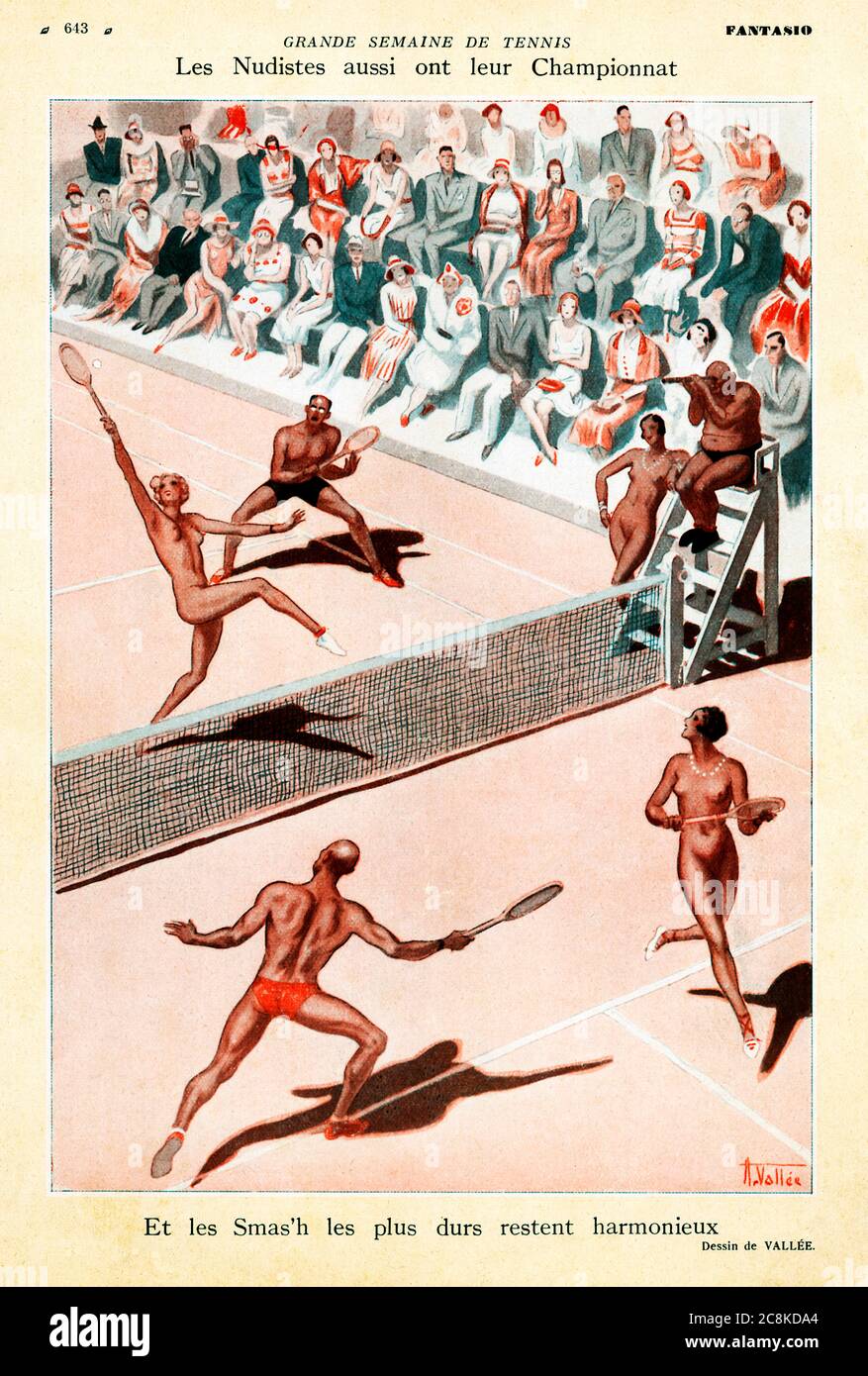 Francés Nudist Tenis, 1920 ilustración de un campeonato para los desnudos, el smash es el más difícil de permanecer amistoso Foto de stock