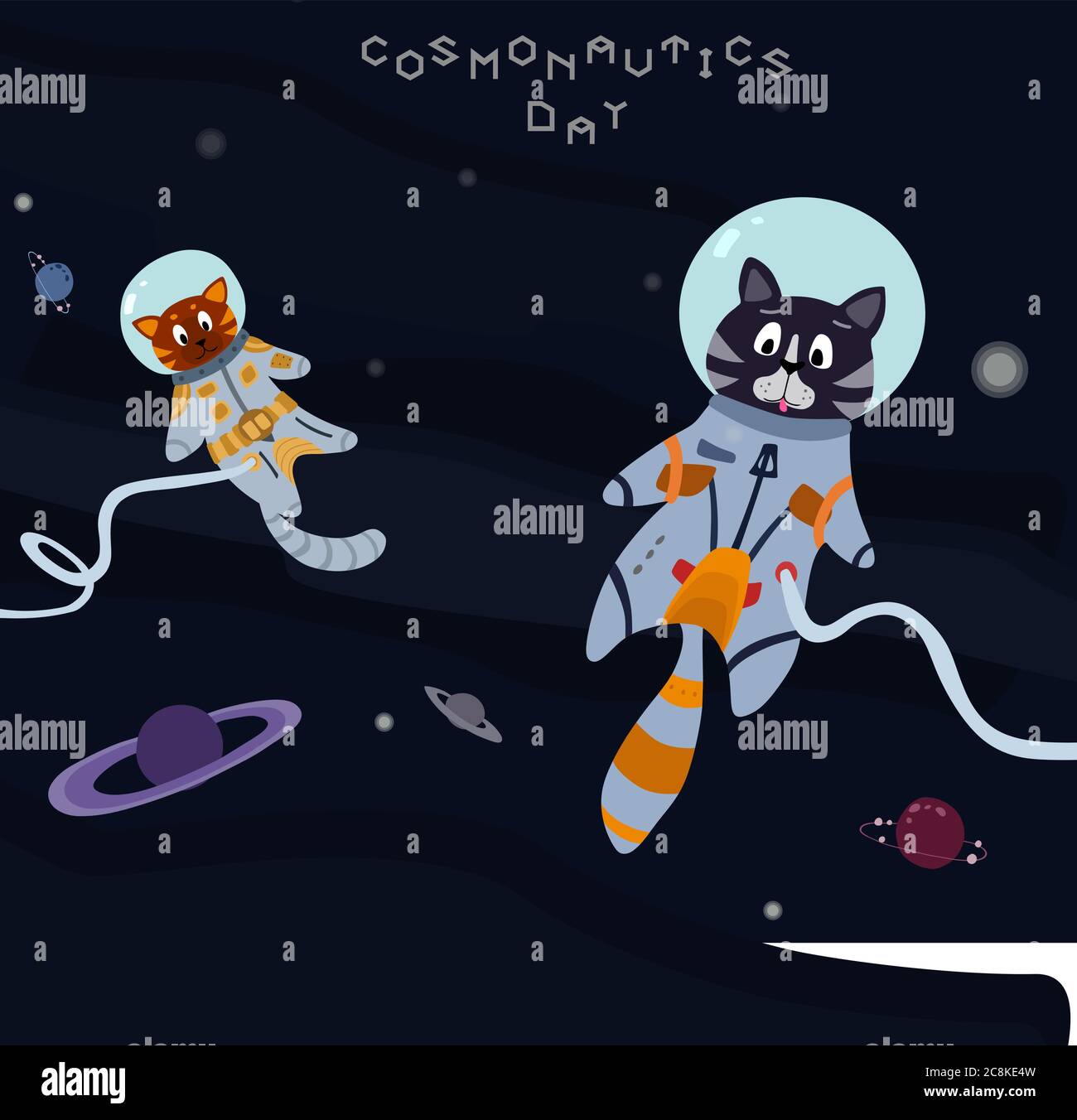 Divertido astronauta gato en el espacio. Cartas de dibujos animados vectoriales. Ilustración vectorial editable. Ilustración del Vector