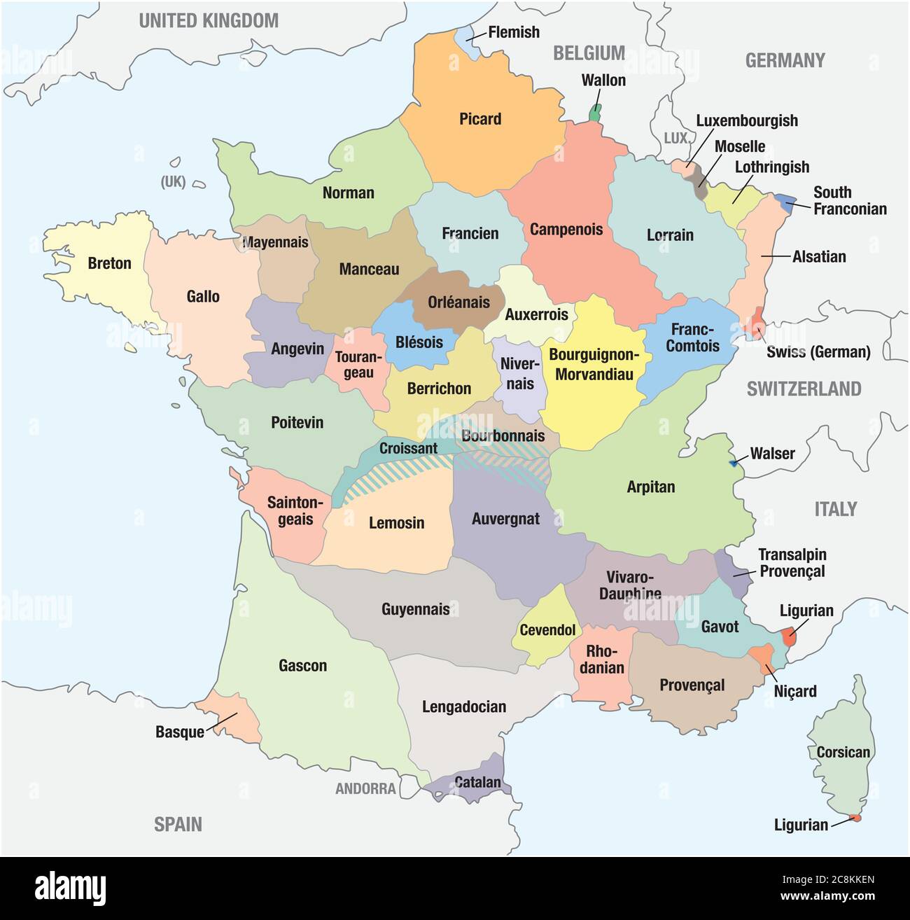 Mapa de los principales idiomas regionales franceses Ilustración del Vector