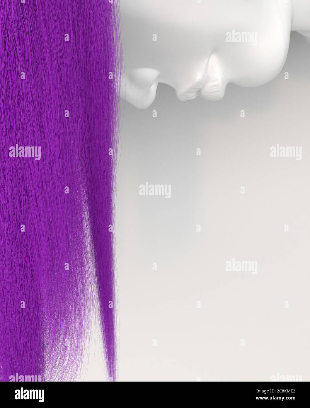 La cara de la mujer boca abajo con el pelo largo que fluye púrpura sobre un fondo blanco. Cabello colorido brillante. Ilustración conceptual creativa con espacio de copia. Foto de stock