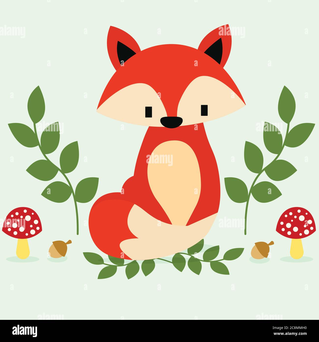 Diseño de personajes de Red Fox con setas y hojas. Ilustración del Vector