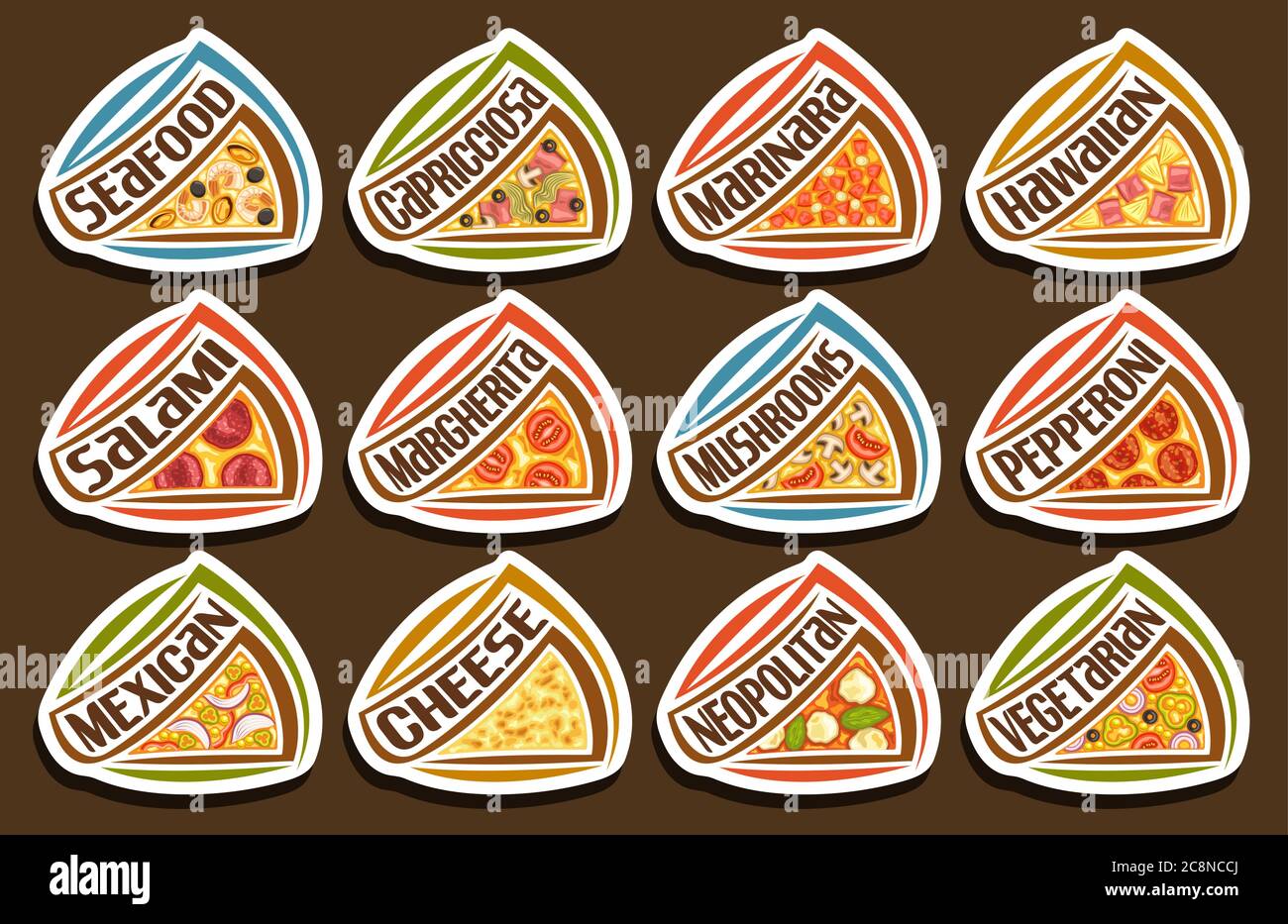 Vector Pizza Set, 12 ilustraciones cortadas con tradicionales chozas de comida rápida italiana con texto diverso de título de pizza, lote grupo de diseño decorativo w Ilustración del Vector