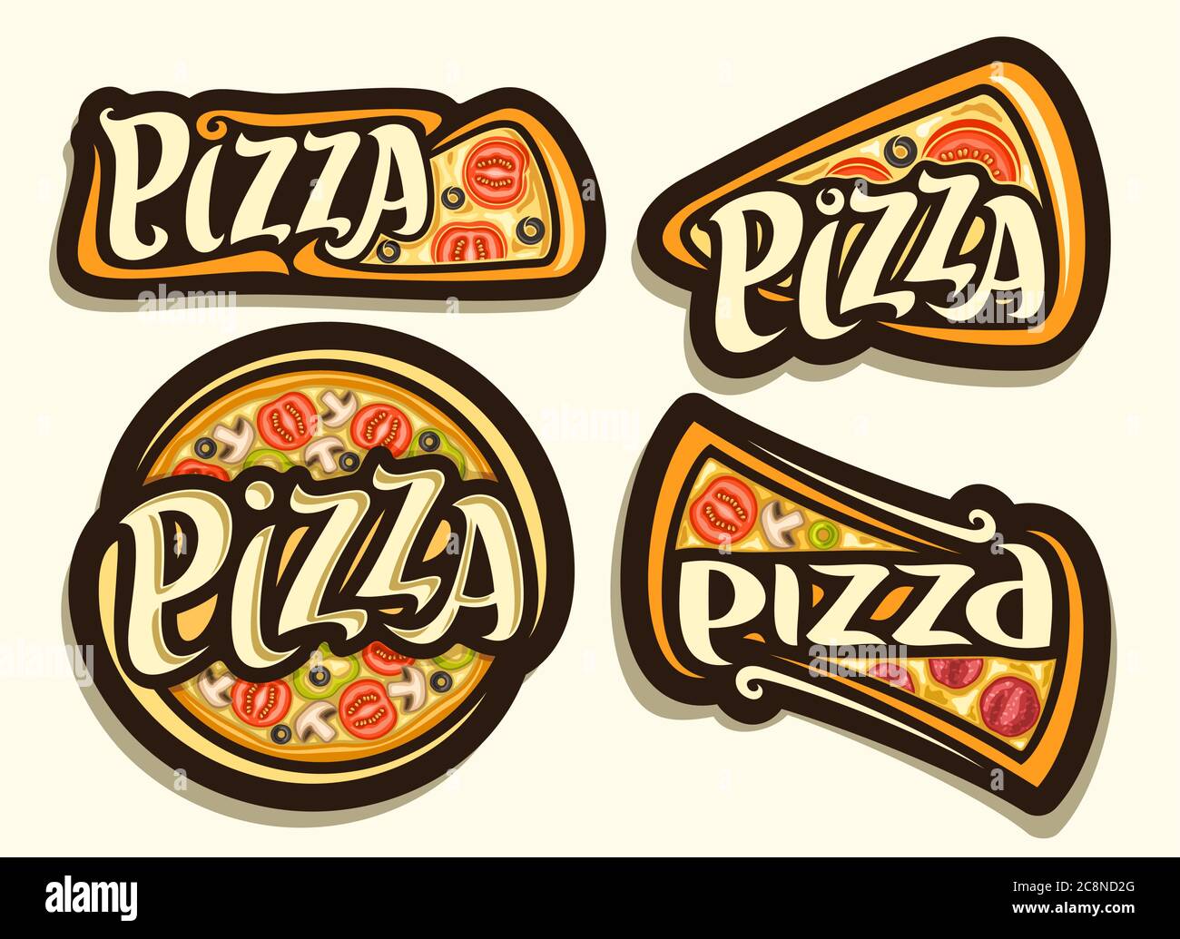 Vector Pizza Set, 4 ilustraciones aisladas con comida rápida italiana tradicional con diferentes títulos de pizza, grupo diverso de diseño decorativo insignia oscura Ilustración del Vector