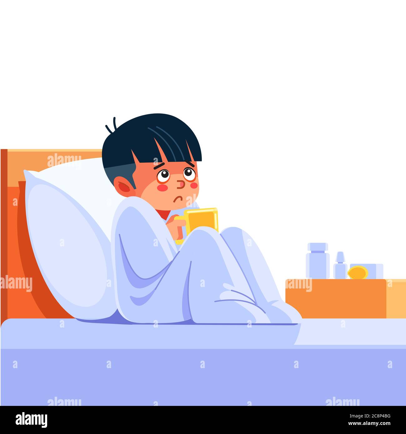 Niño enfermo con infecciones estacionales, gripe, alergia acostado en la  cama. Niño enfermo cubierto con una manta acostada en la cama con fiebre  alta y una gripe, descansando Imagen Vector de stock -