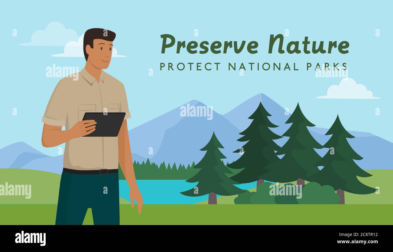 Ranger caminando en un parque nacional y sosteniendo una tableta, preservar la naturaleza y el concepto del medio ambiente Ilustración del Vector