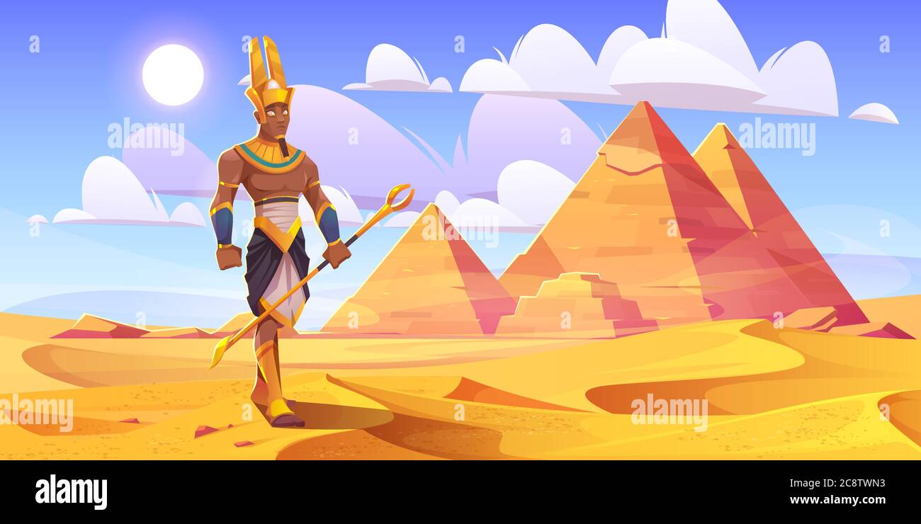 el antiguo dios egipcio Amón en el desierto con pirámides. Dibujo de dibujos animados vectoriales de paisaje con dunas de arena amarilla, tumbas faraón en Egipto y figura de Amon Ra Ilustración del Vector