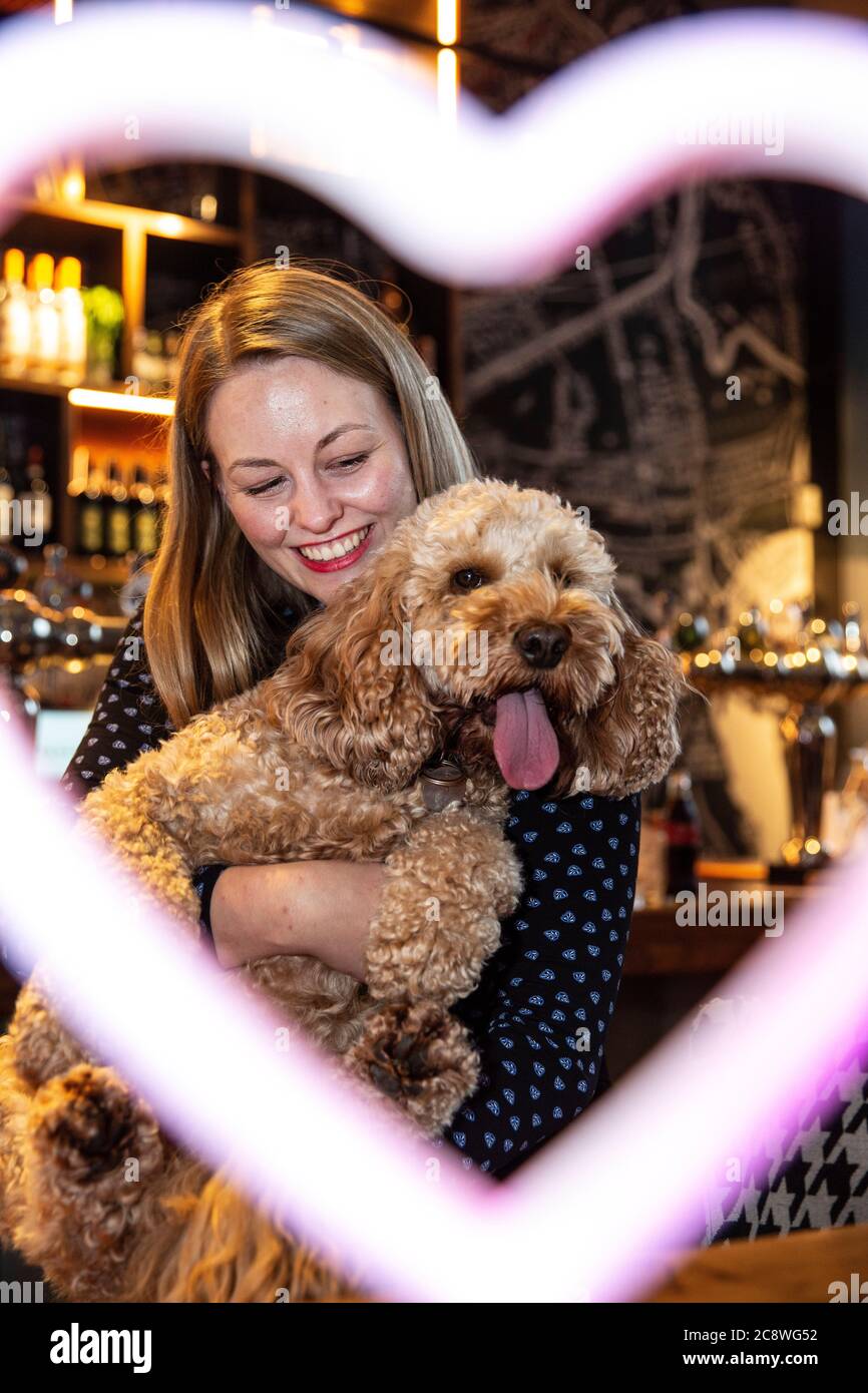 Cockapoo y evento de perros de raza Bulldog francés en Shoreditch, donde los dueños de perros traen a sus perros al café para una reunión en el este de Londres, Reino Unido. Foto de stock
