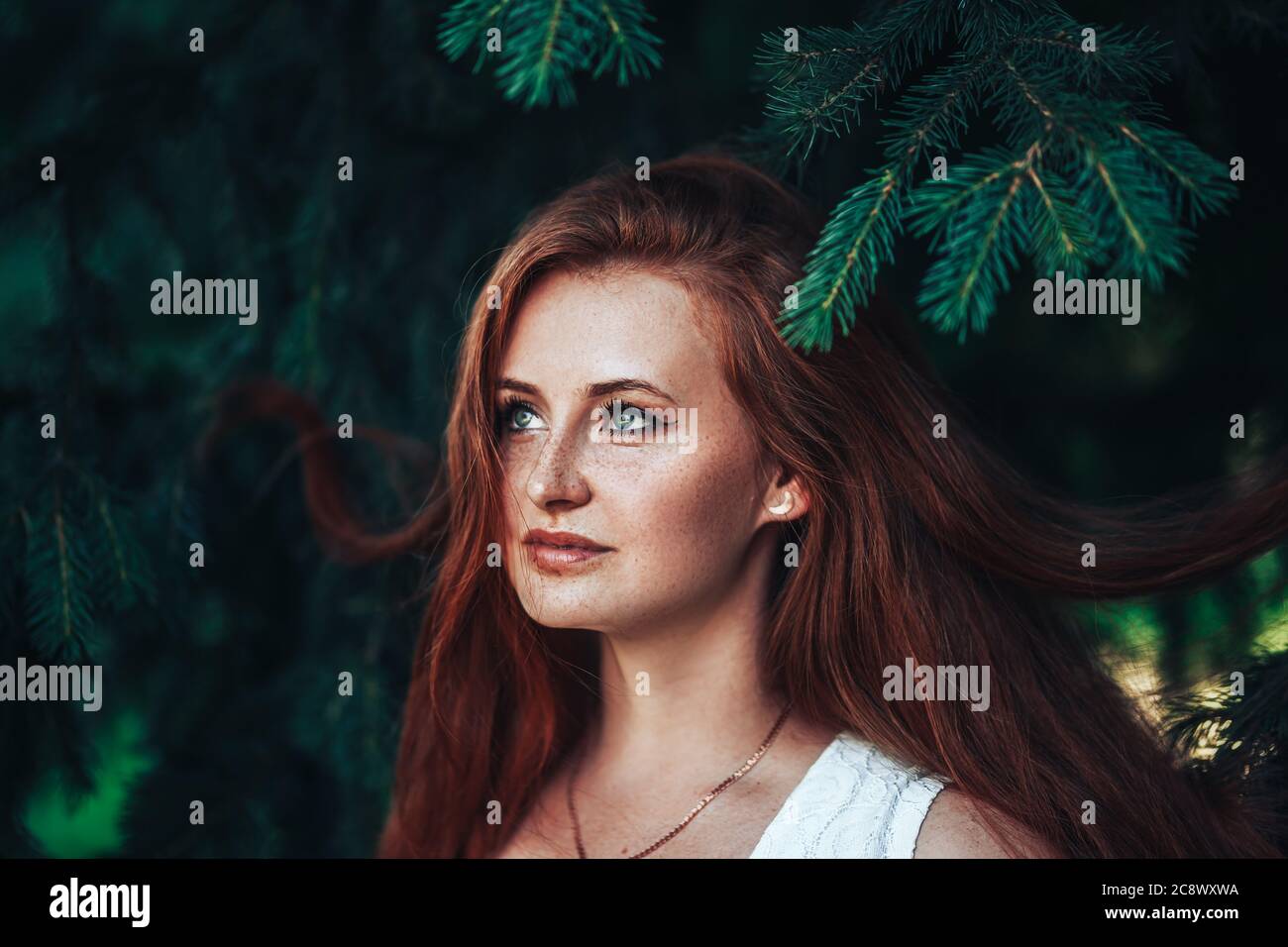 Hermosa niña de pelo rojo en el fondo de un árbol de Navidad con pelo suelto, primavera, belleza natural Foto de stock