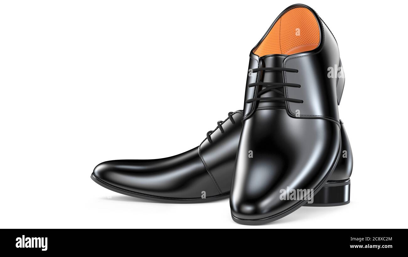 Un par de zapatos de moda elegante negro para hombre. presentación 3d de  botas de cuero macho aisladas sobre fondo blanco. Para la publicidad de una  tienda de zapatos o para polishi