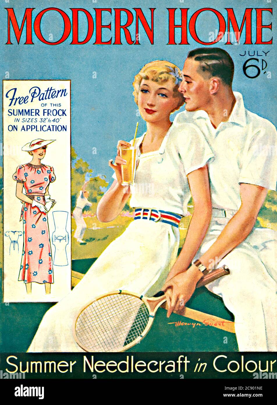 Modern Home, Tennis, 1936 Portada de la revista mensual home, con un patrón gratuito para un ceño de verano y una balsa de aguja en color Foto de stock