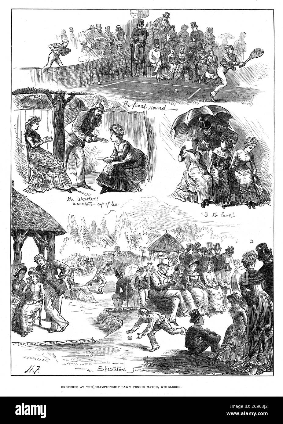 Wimbledon Tennis, 1879 bocetos en el tercer Campeonato de Wimbledon, con lluvia, té, diversión y juegos en todo el mundo, el campeón es John Hartley Foto de stock