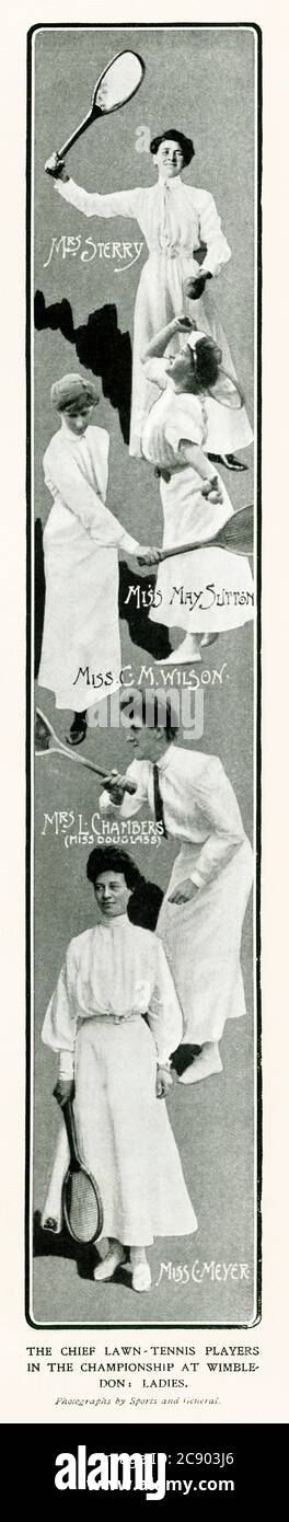 Wimbledon Ladies, 1907 retratos de los principales jugadores en el Campeonato de Tenis de césped, la ganadora es la señorita estadounidense May Sutton Foto de stock