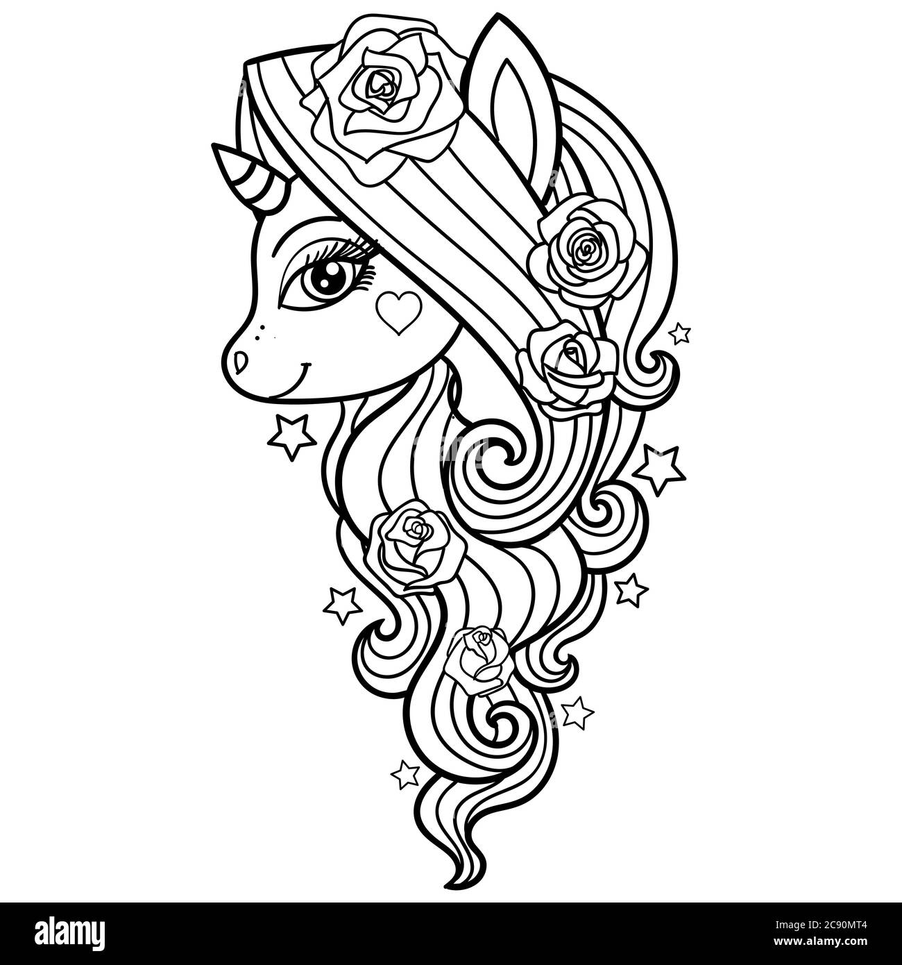 Unicornio con rosas. Imagen de blanco-negro dibujado a mano. Para el diseño de copias pósteres, libros de colorear, tatuajes, etc. Vector Ilustración del Vector