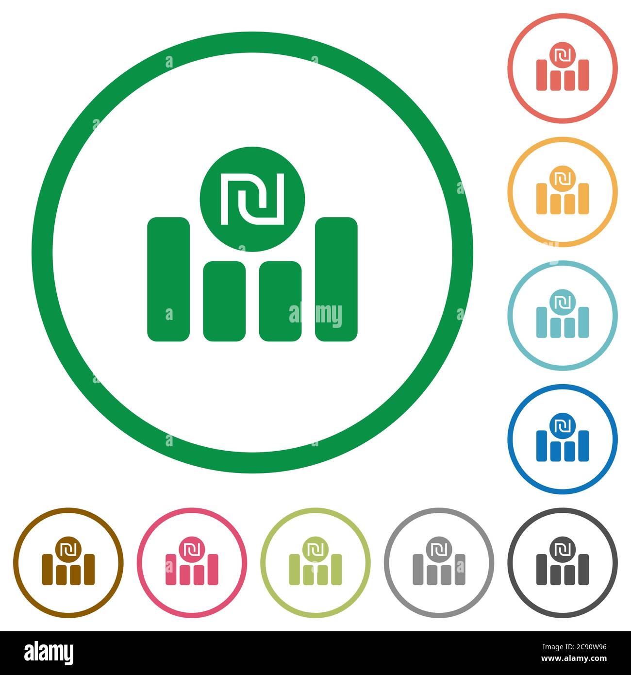 Nuevo Shekel gráfico israelí iconos de color plano en contornos