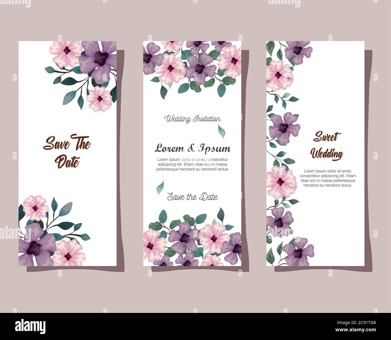 tarjetas de felicitación con flores de color rosa y lila, invitaciones de boda con con ramas y hojas de decoración Imagen Vector de stock - Alamy