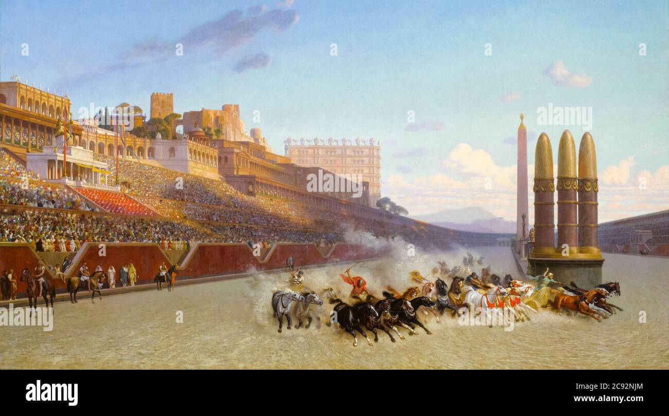 Carrera de Chariot (en el Circo máximo), Antigua Roma, pintura de Jean Léon Gérôme, 1876 Foto de stock
