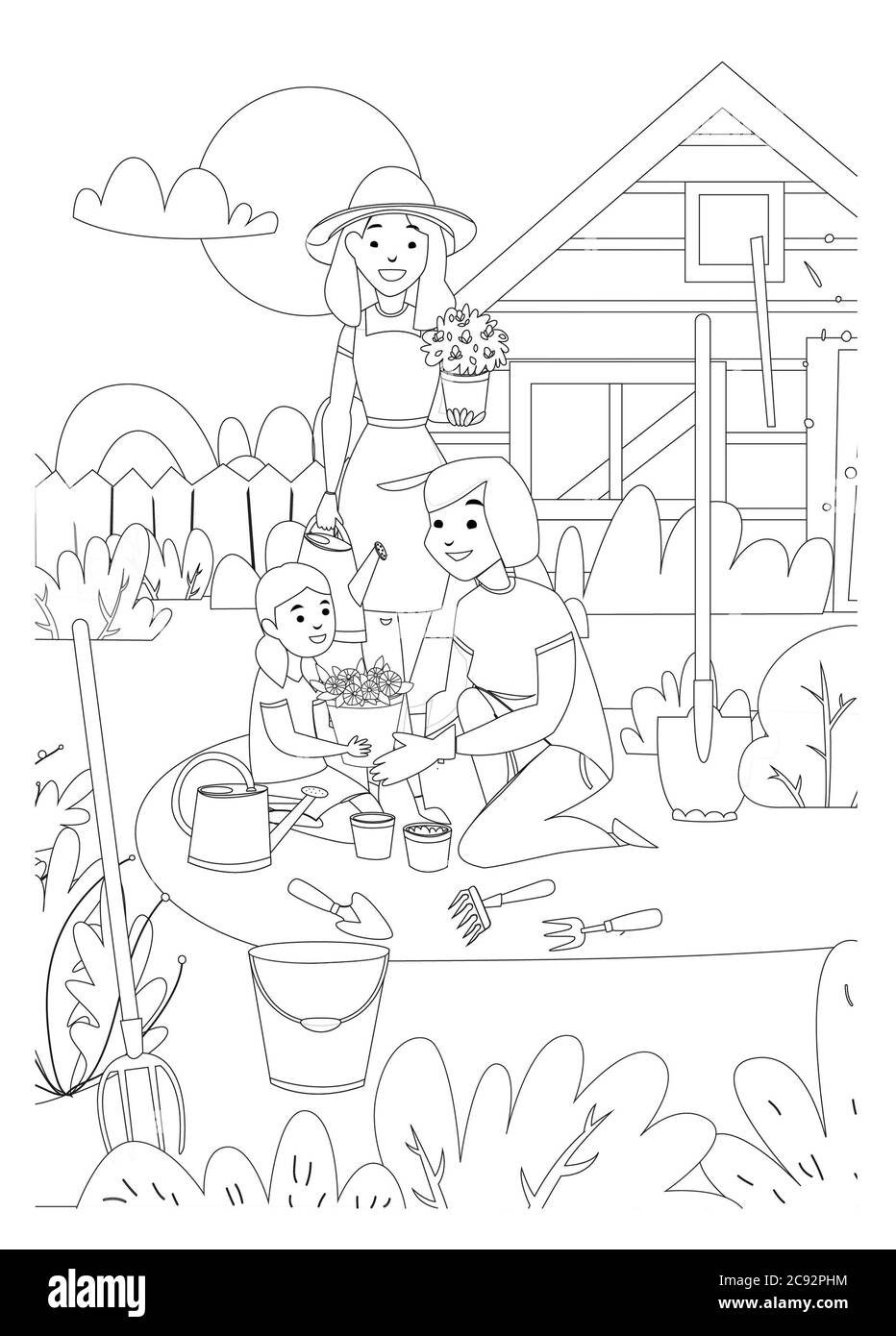 mamá y dos hijas plantarán flores en el patio trasero, ilustraciones Foto de stock