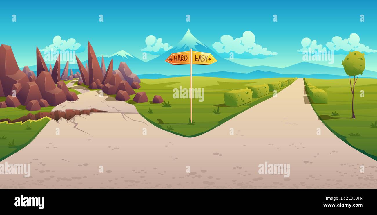 Concepto de elección entre la forma difícil y fácil. Vector paisaje de dibujos animados con bifurcación de carretera, señal de dirección, camino curvado con rocas y camino sencillo recto. Problema de elegir Concepto de elección entre la forma difícil y fácil. Vector paisaje de dibujos animados con bifurcación de carretera, señal de dirección, camino curvado con rocas y camino sencillo recto. Problema de elegir