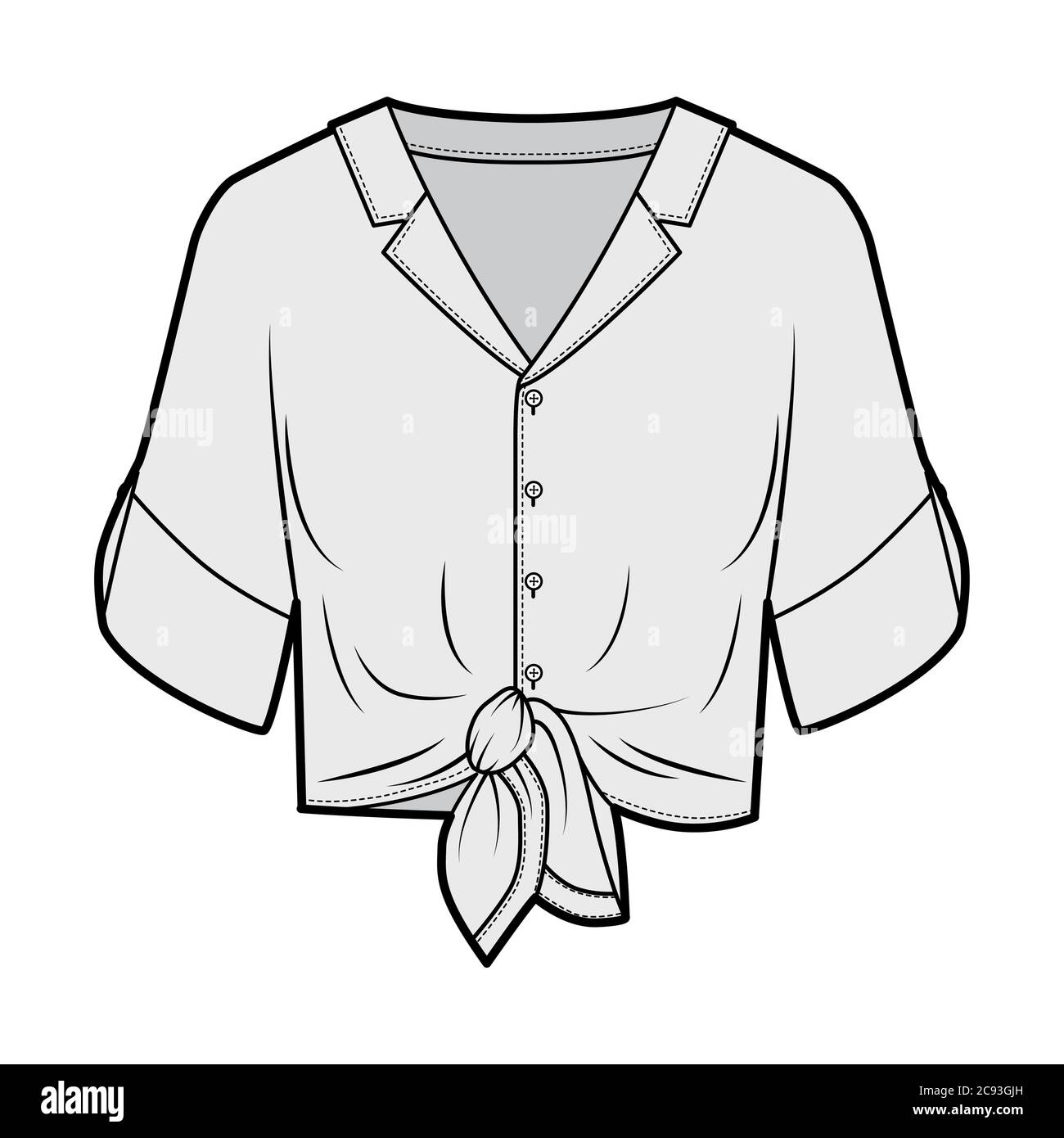 Blusa con lazo en la parte delantera ilustración técnica de moda con cuello con solapa y cuello con muesca, puño con puño en forma de rollo. Plantilla de prendas de vestir de Blusa con lazo en la parte delantera ilustración técnica de moda con cuello con solapa y cuello con muesca, puño con puño en forma de rollo. Plantilla de prendas de vestir de