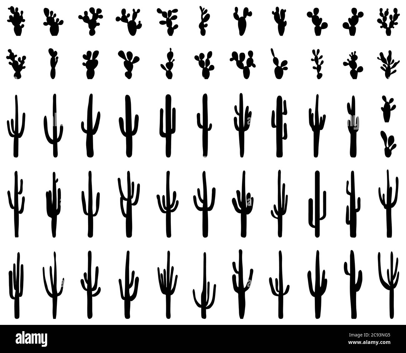 Siluetas de diferentes cactus negro sobre un fondo blanco. Foto de stock