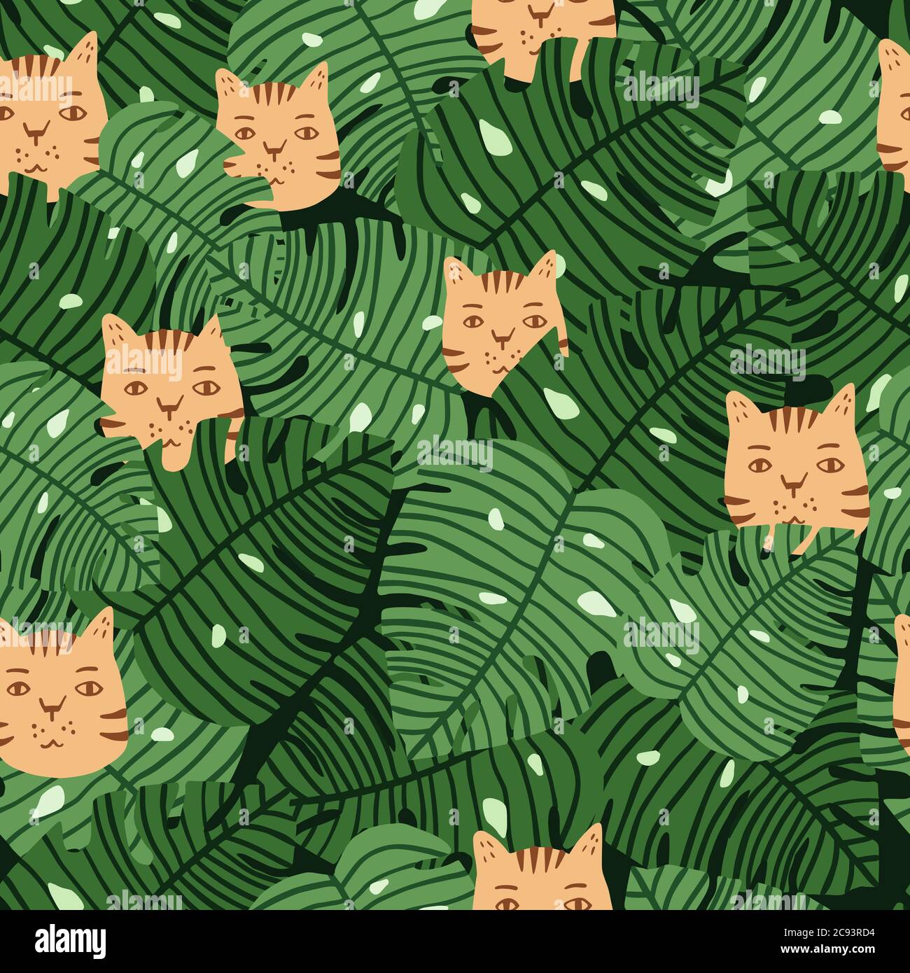 Floiage monstera hojas y gatos se enfrenta a un patrón de fideos sin  costuras. Estampado estilizado en colores verde y naranja. Diseñado para  papel tapiz, textil, papel para envolver, estampado de tela.
