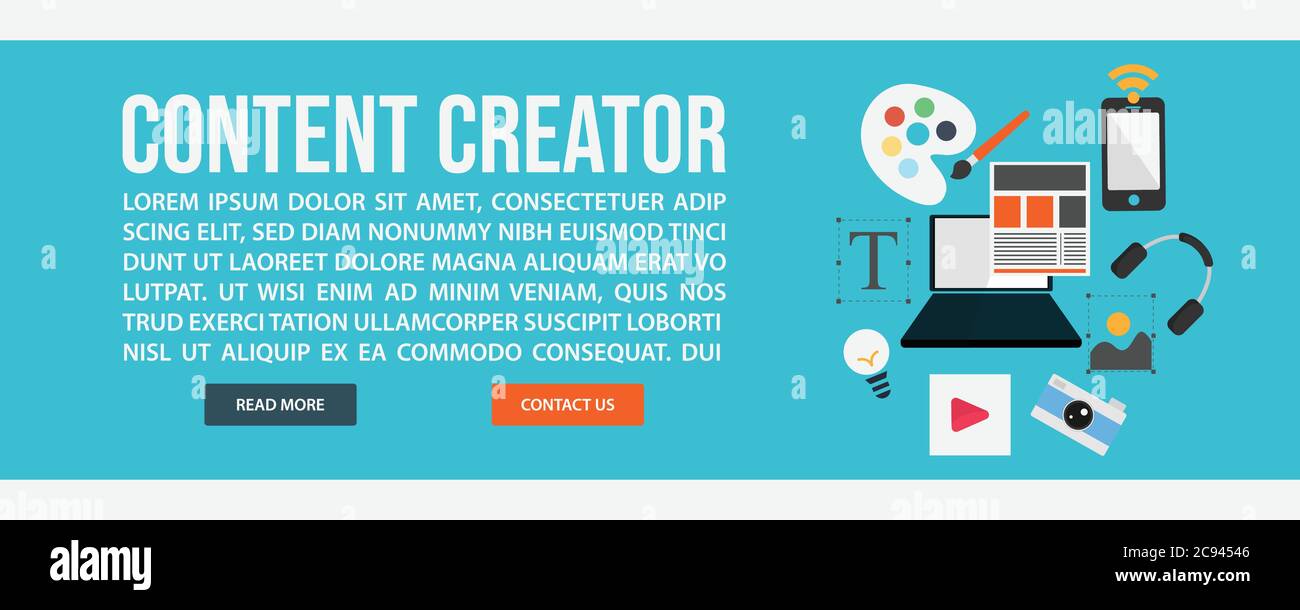 Plantilla de banner web de creador de contenido. Diseño plano Diseño de la web de Content Creator banner vector ilustración diseño Ilustración del Vector