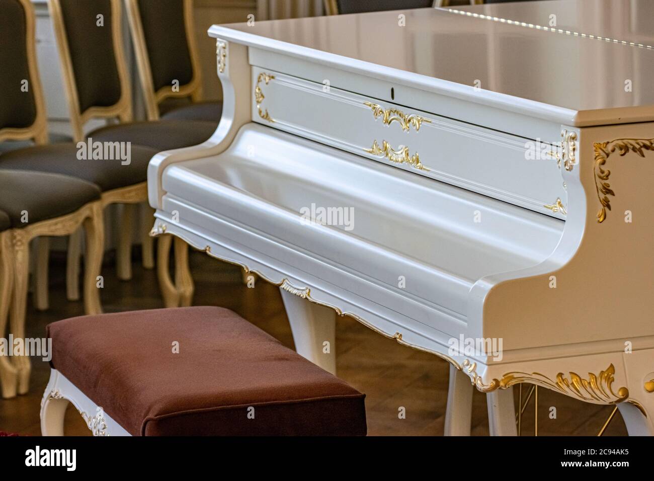 Piano de cola blanco, vista lateral del instrumento, instrumento musical,  piano grande blanco, concepto de concierto Fotografía de stock - Alamy