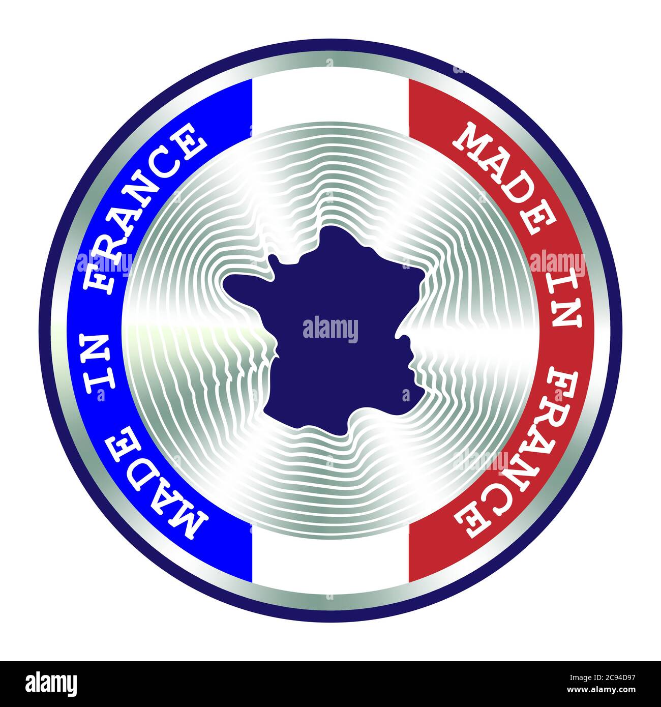 Hecho en Francia sello o sello. Cartel de holograma redondo para el diseño de etiquetas y la comercialización nacional. Insignia para la producción local francesa Ilustración del Vector