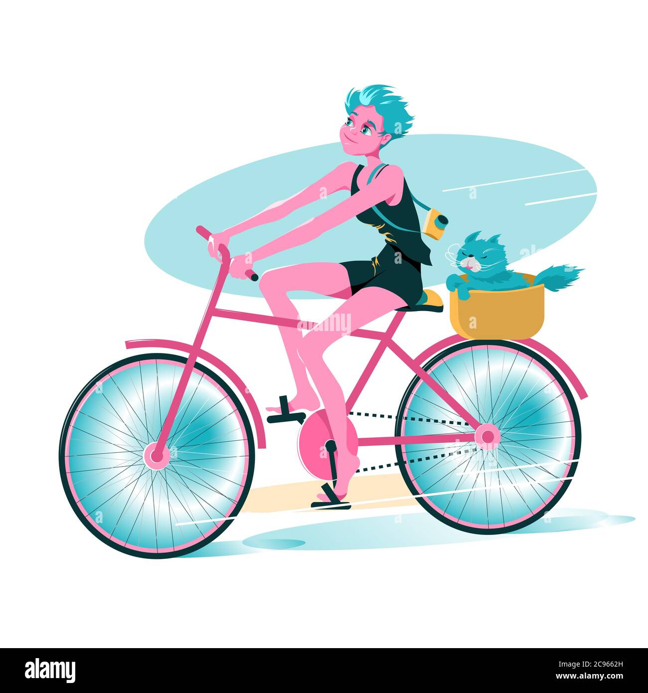 Young Pretty Girl paseo en bicicleta con su mascota gato en cesta.  Personaje de dibujos animados Ilustración vectorial Imagen Vector de stock  - Alamy