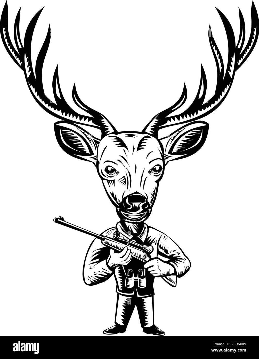Ilustración de estilo retro en madera de un cazador de ciervo, ciervo o ciervo con rifle de caza visto desde el frente sobre fondo aislado hecho en blanco y negro. Ilustración del Vector