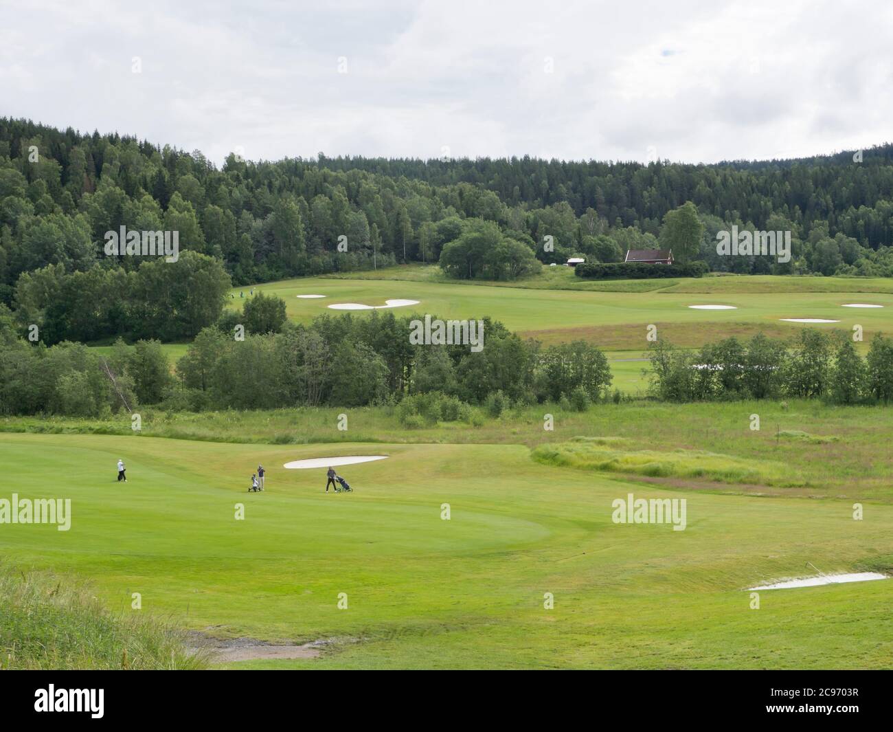 Losby Golfklubb, uno de los varios campos de golf esparcidos alrededor de la capital Noruega Oslo en paisajes idílicos en el borde del bosque Foto de stock