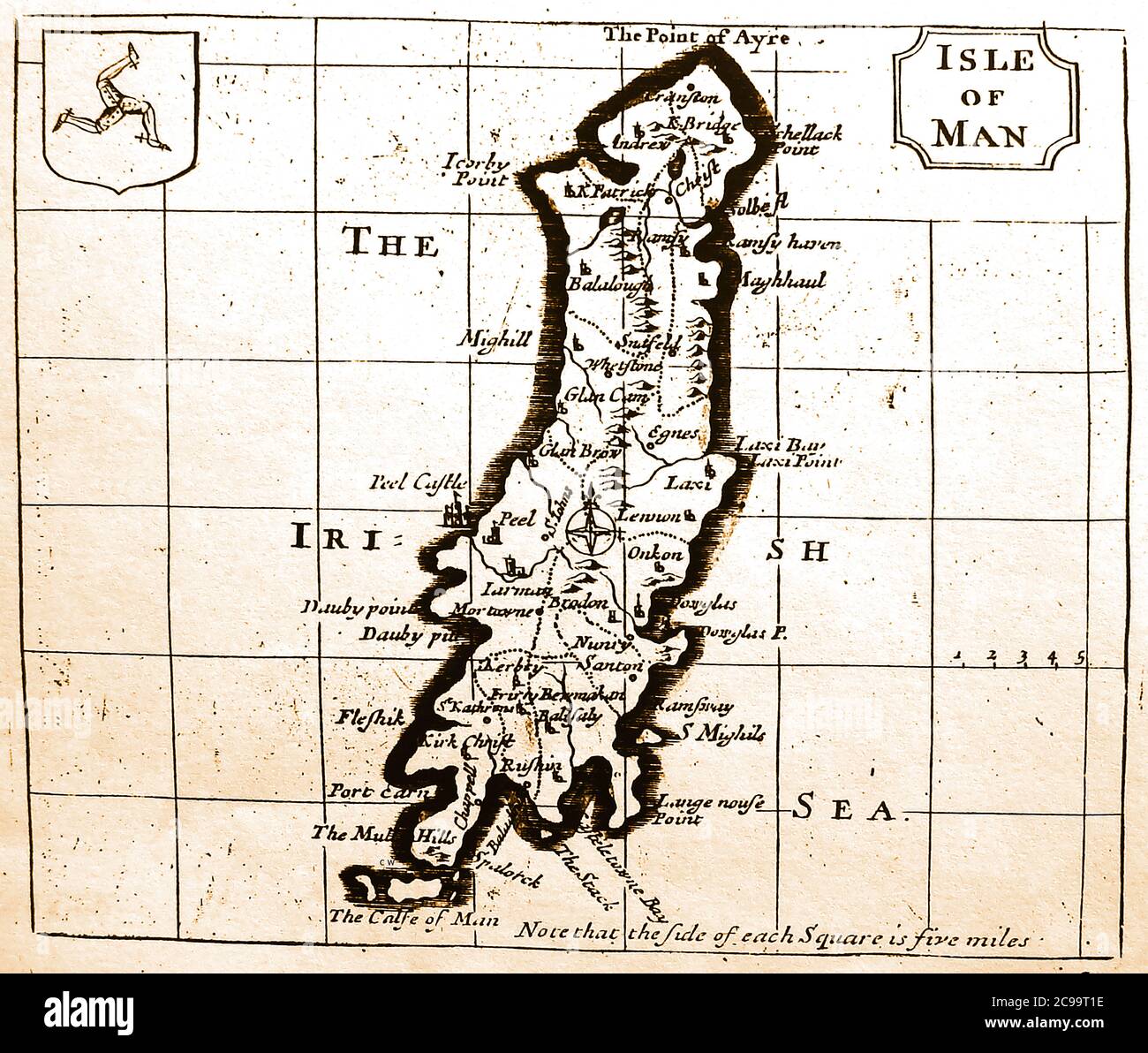 1780 mapa de la Isla de Man con carreteras y nombres de lugares como estaban en ese momento Foto de stock