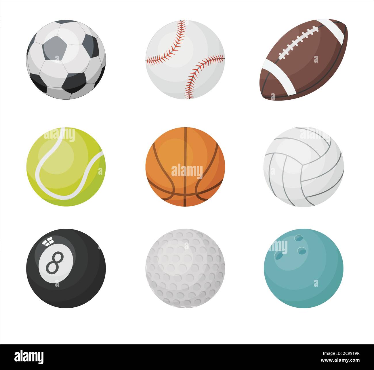 Juego de vectores de bolas de dibujos animados. Iconos de balones deportivos: Voleibol, baloncesto, fútbol, golf, fútbol americano, bolos aislados sobre fondo blanco. Ilustración del Vector