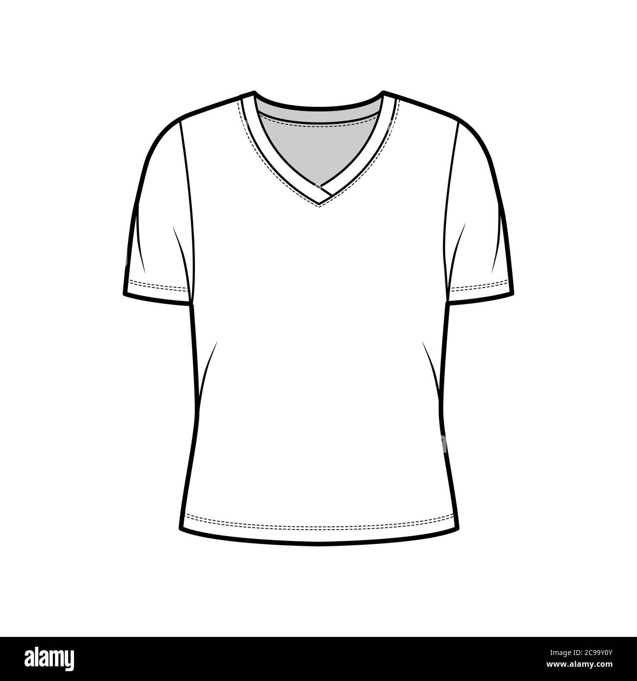 Camiseta de punto con cuello en V ilustración técnica de moda con mangas  cortas elásticas, cuerpo de gran tamaño. Suéter plano ropa plantilla  frontal, color blanco. Mujeres, hombres unisex ropa superior CAD