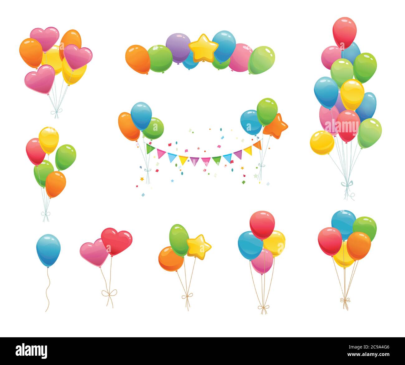 Dibujos animados globos de cumpleaños. Decoración de fiesta para cumpleaños, aniversario, celebración, diseño de eventos, bodas. Diseño plano vectorial Ilustración del Vector