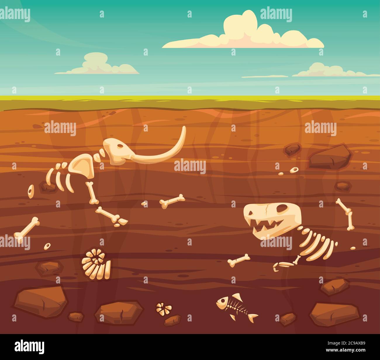 Capas de tierra con huesos. Animales fósiles enterrados, dinosaurio, mamífero, hueso de esqueleto de pescado y mariscos.ilustración de dibujos animados de estilo plano vectorial Ilustración del Vector