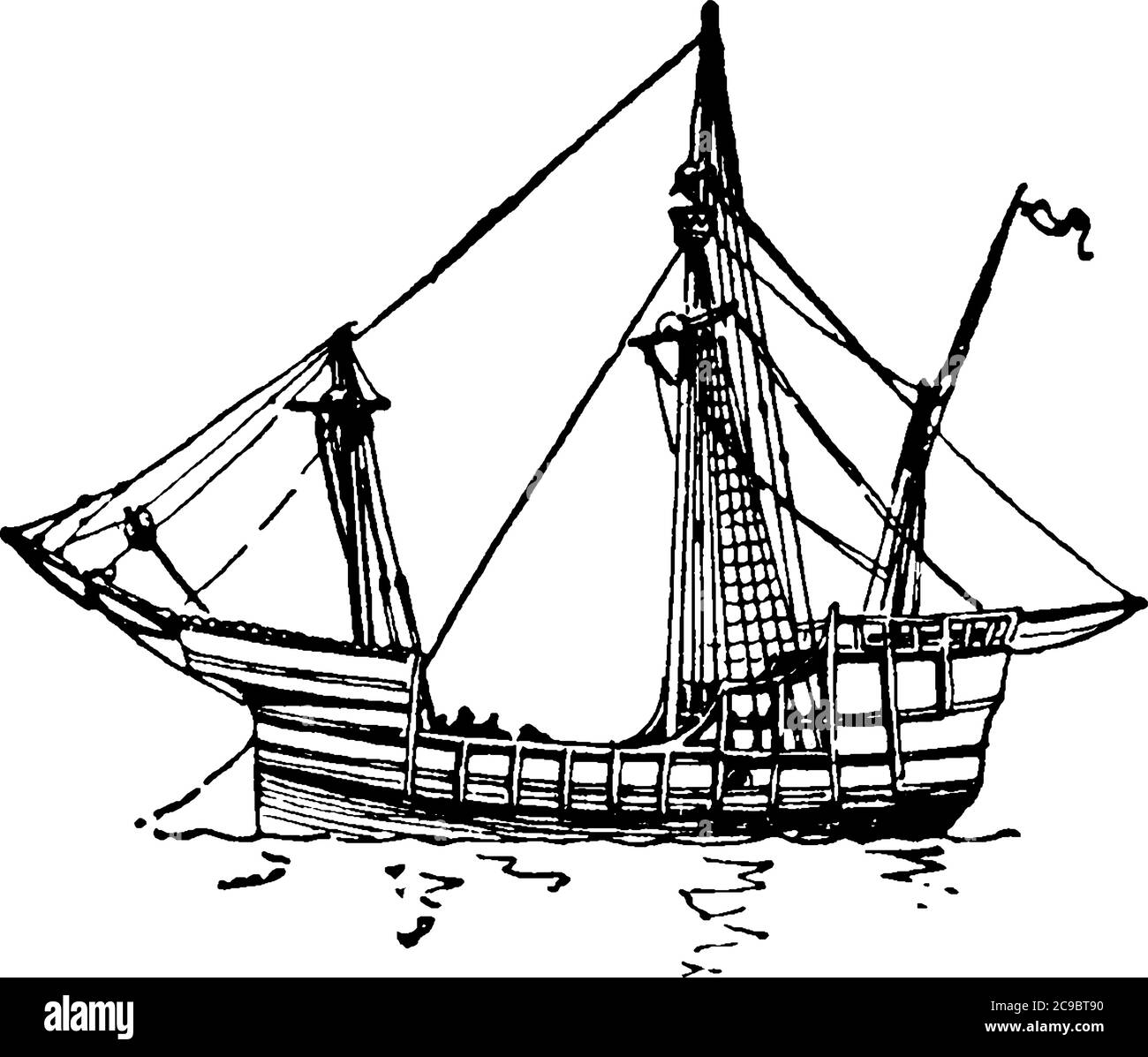 Este es el barco penta que es el más rápido de los tres barcos que fueron  utilizados por Cristóbal Colón en 1492, dibujo de línea vintage o grabado  ilustra Imagen Vector de